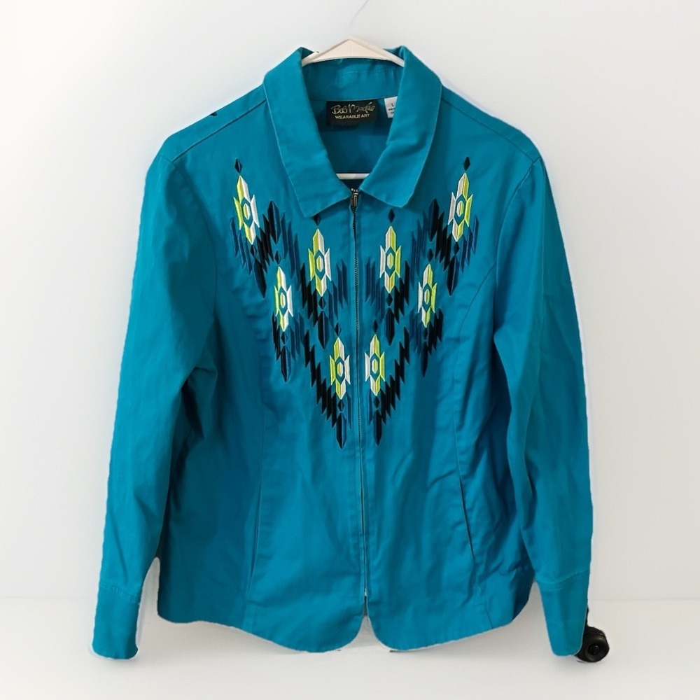 Bob Mackie Wearable Art Blazer Jacket Size L Teal Embroidered Button Front